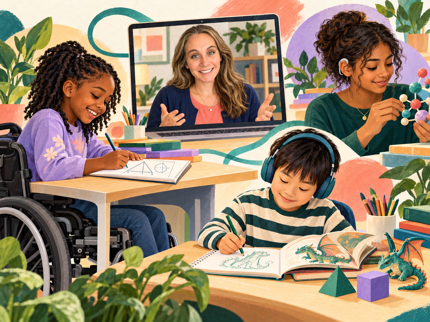 Illustration of Rebecca teaching by video with diverse young learners, including a wheelchair user, exploring math, science, and reading.